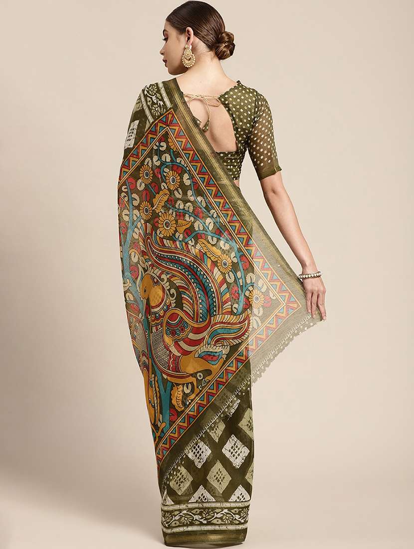 green cotton blend printed saree with blouse - 18310349 -  Standard Image - 1