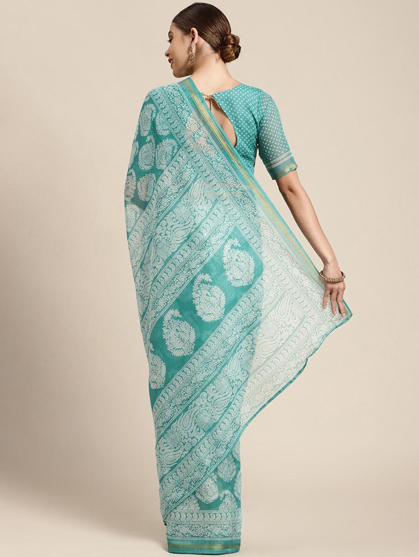 turquoise cotton blend printed saree - 18310354 - Standard Image - 1