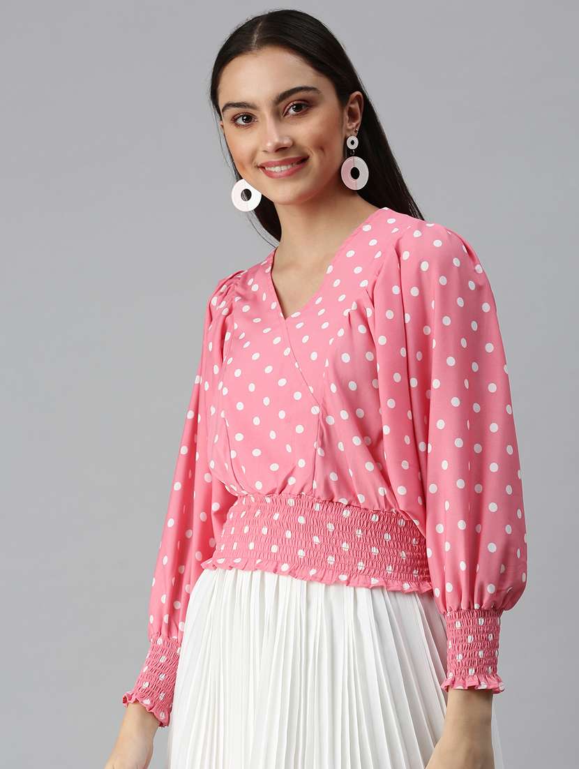 women polka doted puff sleeves blouson top