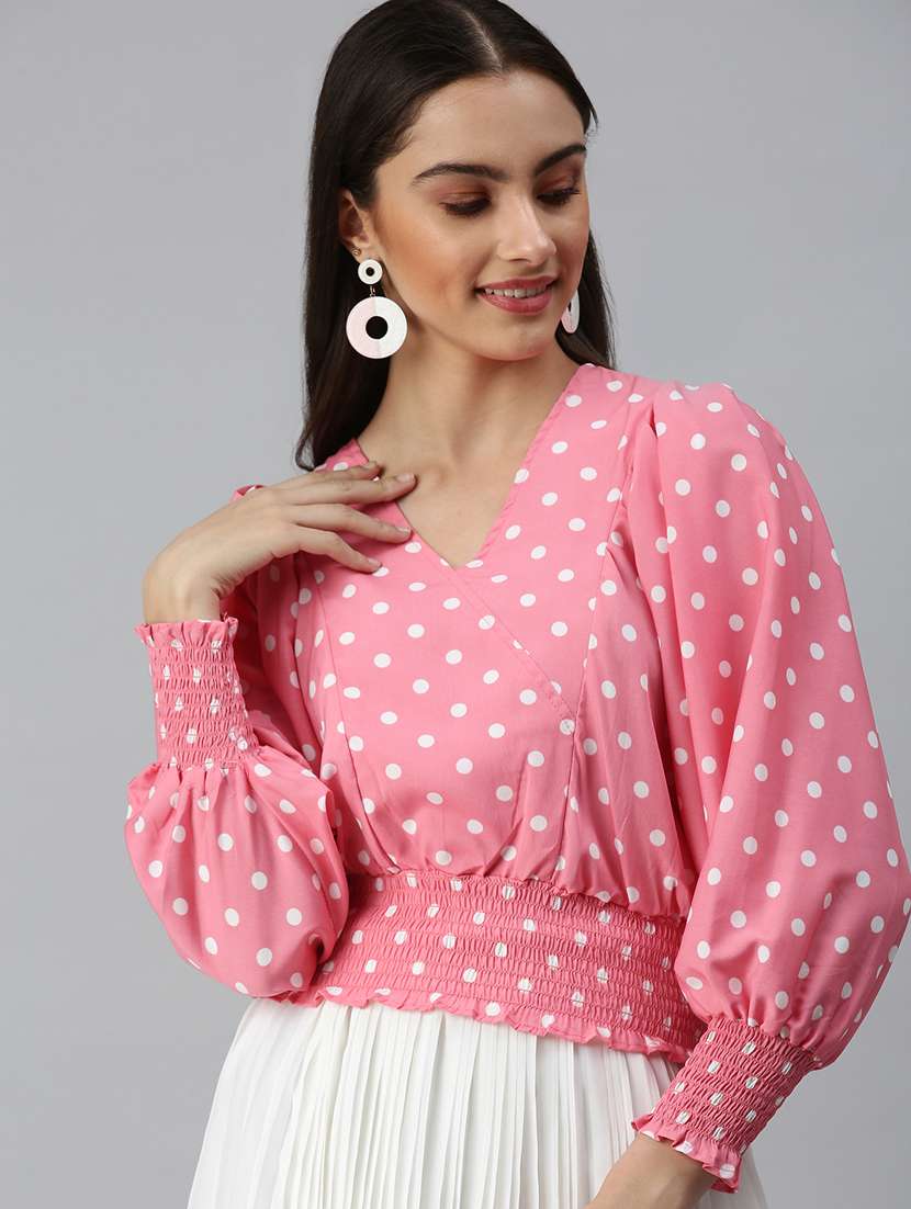 women polka doted puff sleeves blouson top - 18310422 -  Standard Image - 1
