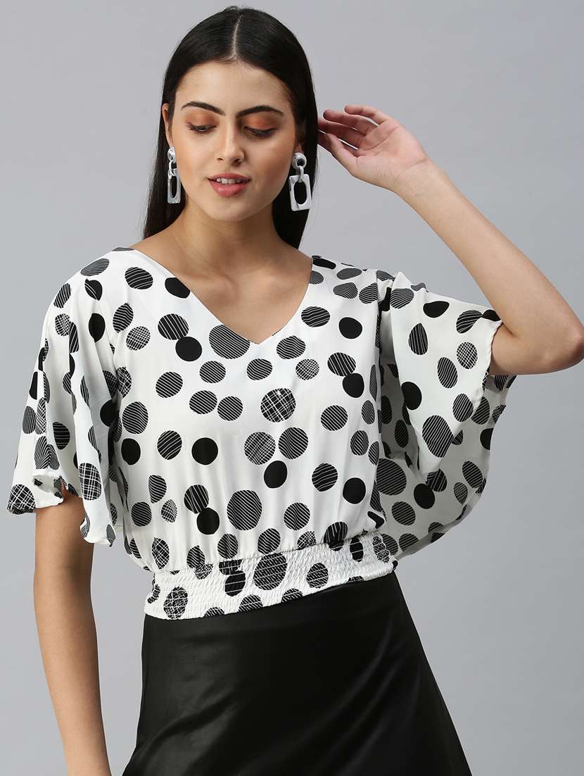 women's white printed v neck top