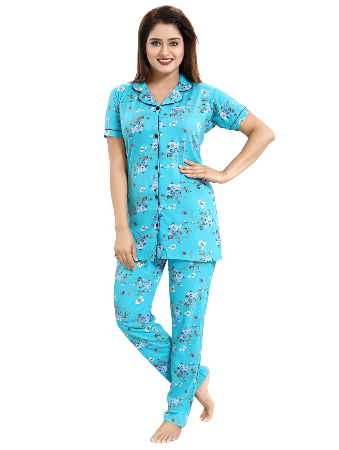 shirt collar printed nightwear pajama set 