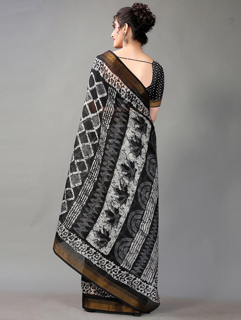 black cotton blend printed saree with blouse - 18312579 - Standard Image - 1