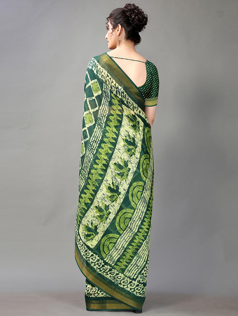 green cotton blend printed saree with blouse - 18312581 - Standard Image - 1