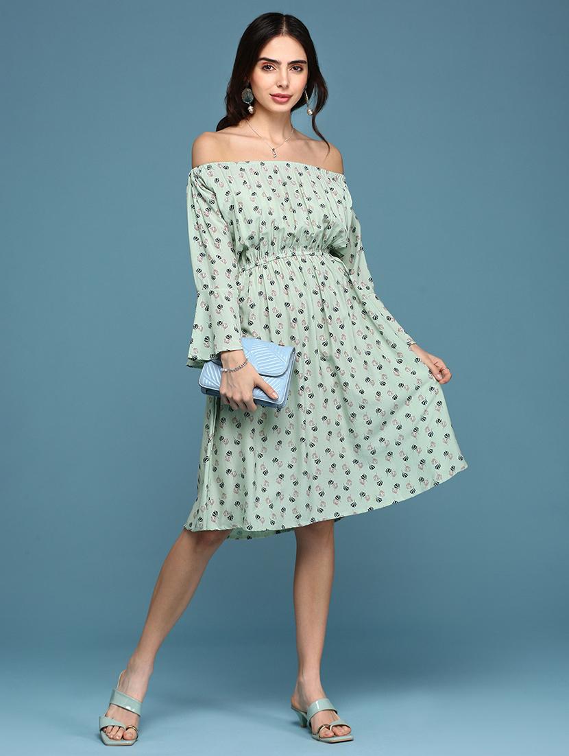women printed off shoulder dress - 18313174 - Standard Image - 1