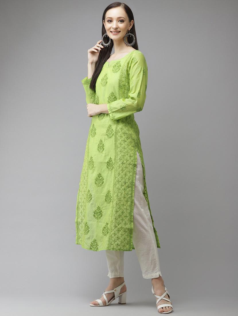 ada hand-embroidered green straight chikankari kurta - 18313406 - Standard Image - 1