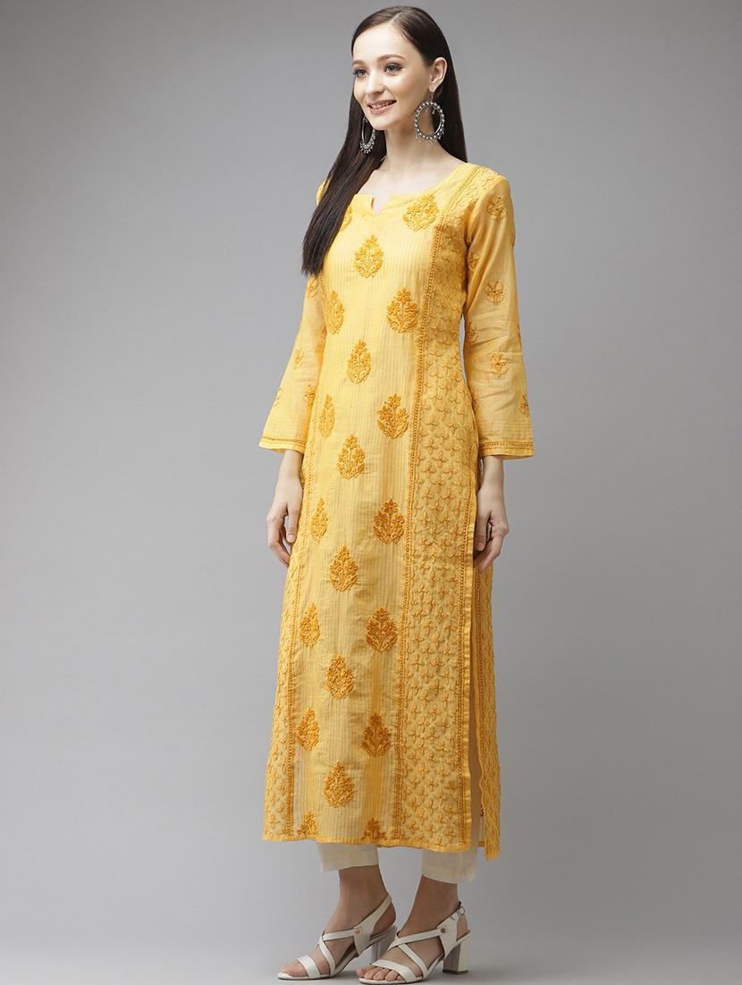 ada hand embroidered yellow chanderi lucknow chikankari kurta - 18313407 - Standard Image - 1
