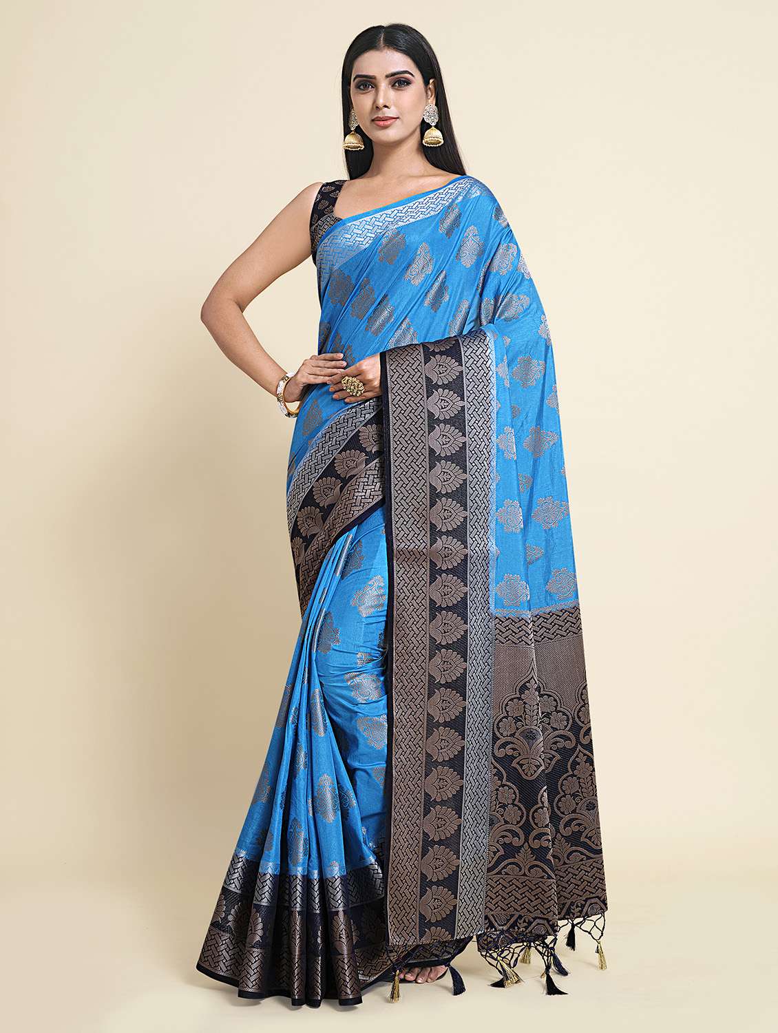 women's self design turquoise colored saree with blouse