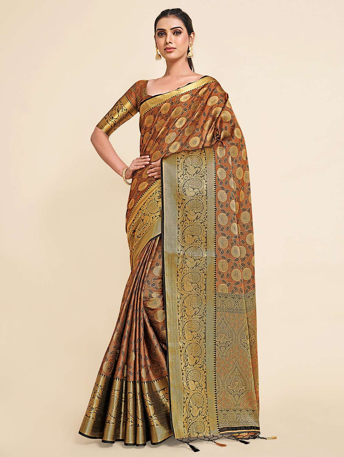 women's self design mustard colored saree with blouse