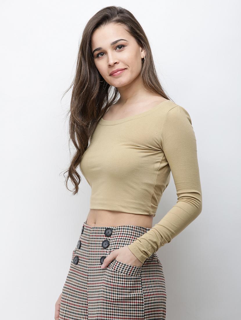 round neck solid crop top - 18314721 - Standard Image - 1