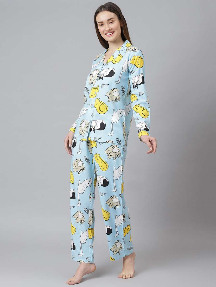 shirt collar printed nightwear pajama set  - 18314725 -  Standard Image - 1