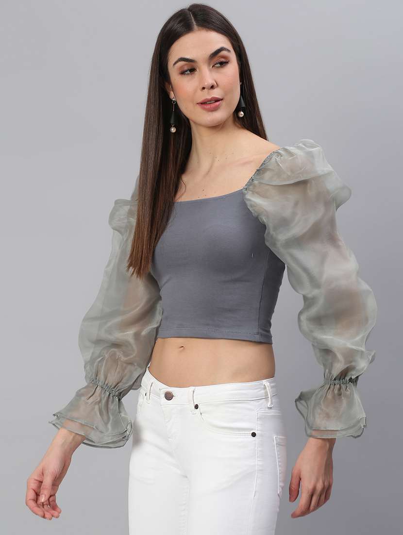 long sleeve solid crop top - 18314745 -  Standard Image - 1