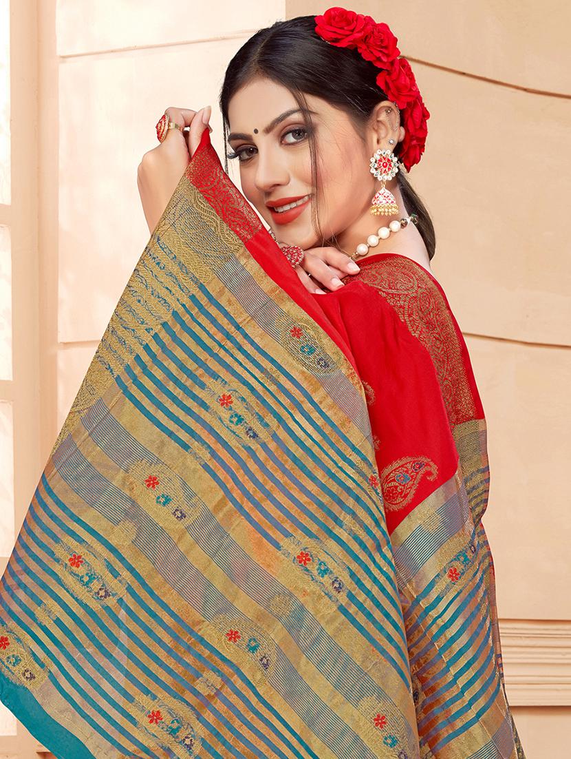 red silk blend saree with blouse - 18315064 - Standard Image - 1
