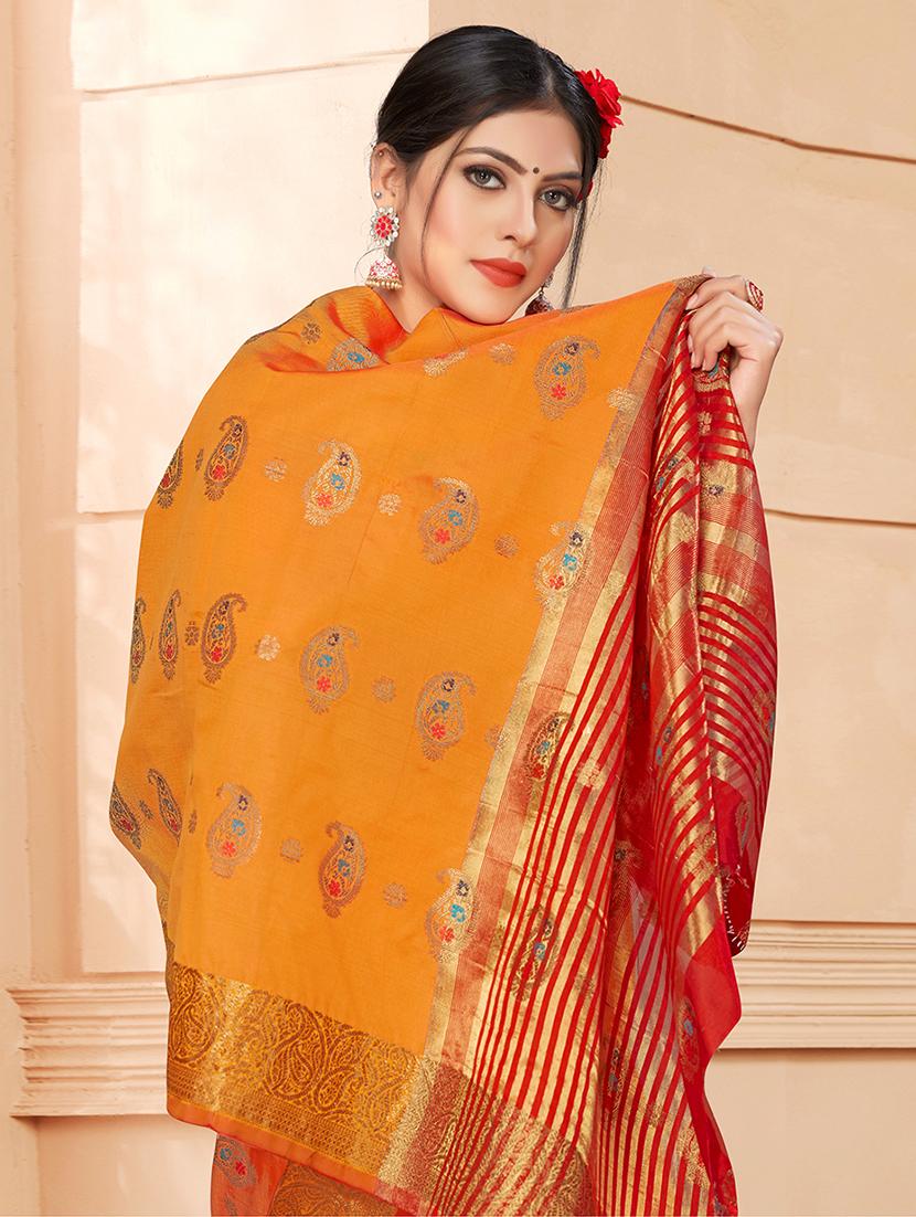 orange silk blend saree with blouse - 18315070 - Standard Image - 1