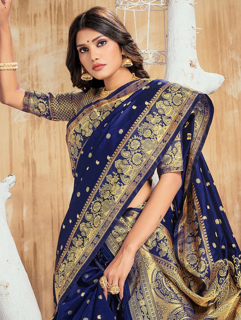 navy nylon saree with blouse - 18315140 -  Standard Image - 1