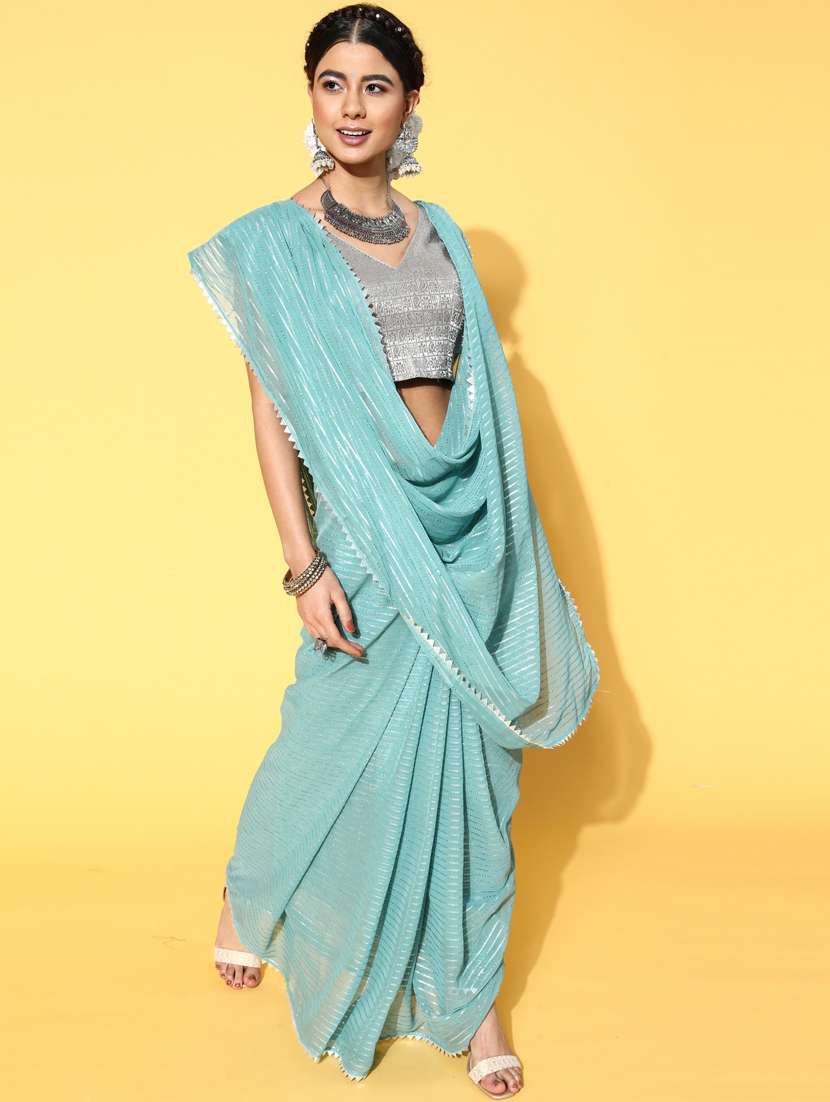 women's stripes blue colored saree with blouse