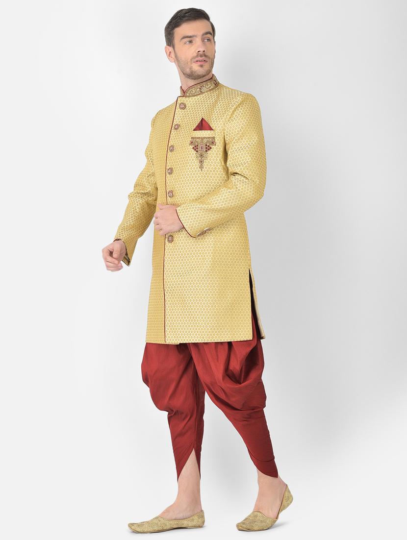golden self-designed sherwani ethnic wear set - 18315485 -  Standard Image - 1