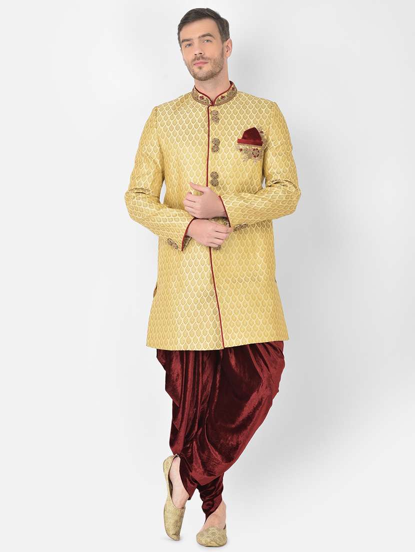 golden self-designed sherwani ethnic wear set
