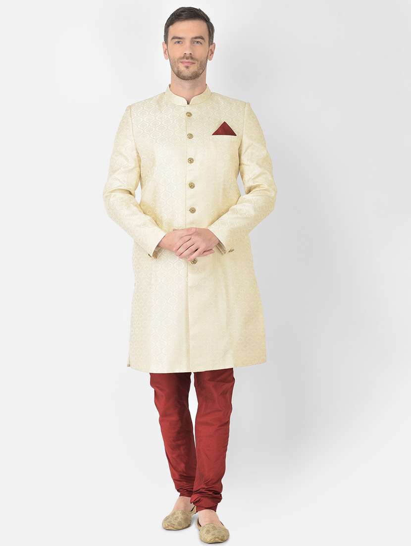 golden self-designed sherwani ethnic wear set