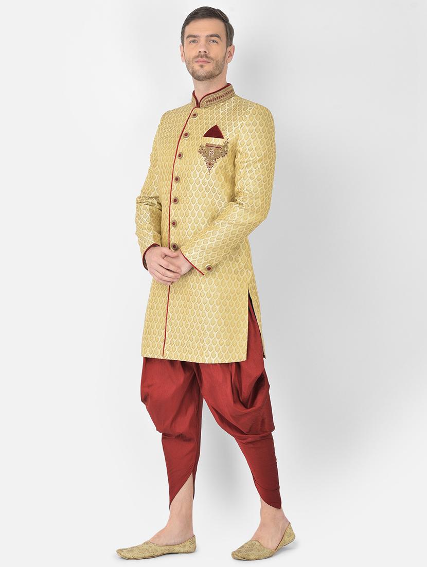golden self-designed sherwani ethnic wear set - 18315491 -  Standard Image - 1