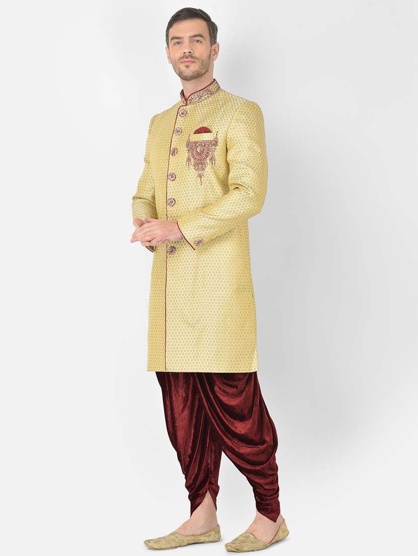 golden self-designed sherwani ethnic wear set - 18315498 -  Standard Image - 1
