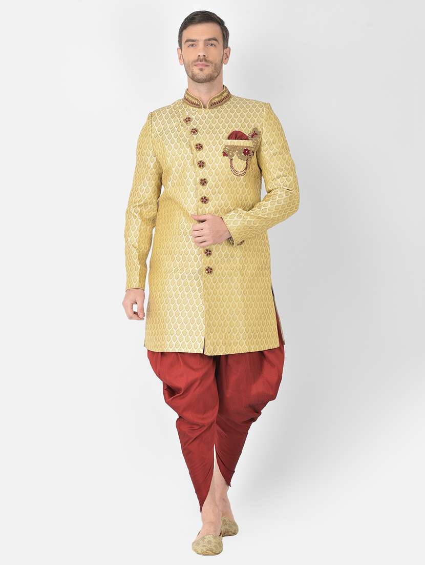golden self-designed sherwani ethnic wear set