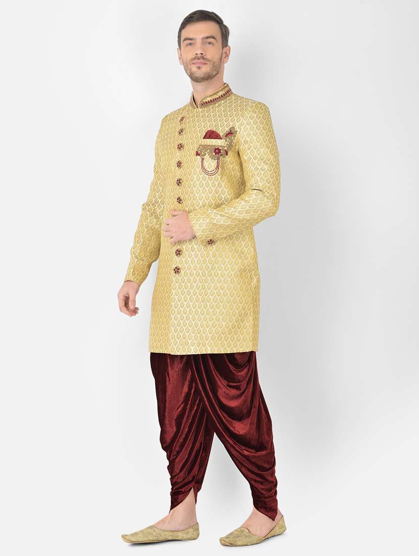 golden self-designed sherwani ethnic wear set - 18315502 -  Standard Image - 1