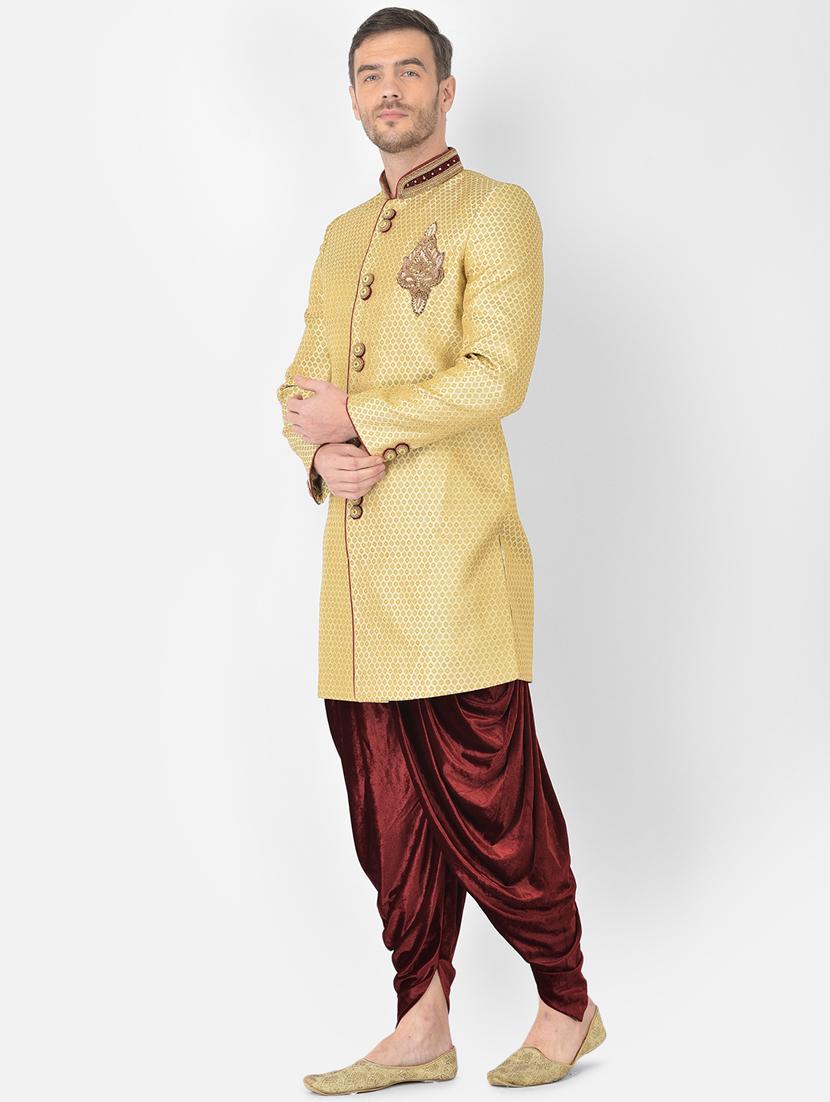 golden self-designed sherwani ethnic wear set - 18315503 -  Standard Image - 1