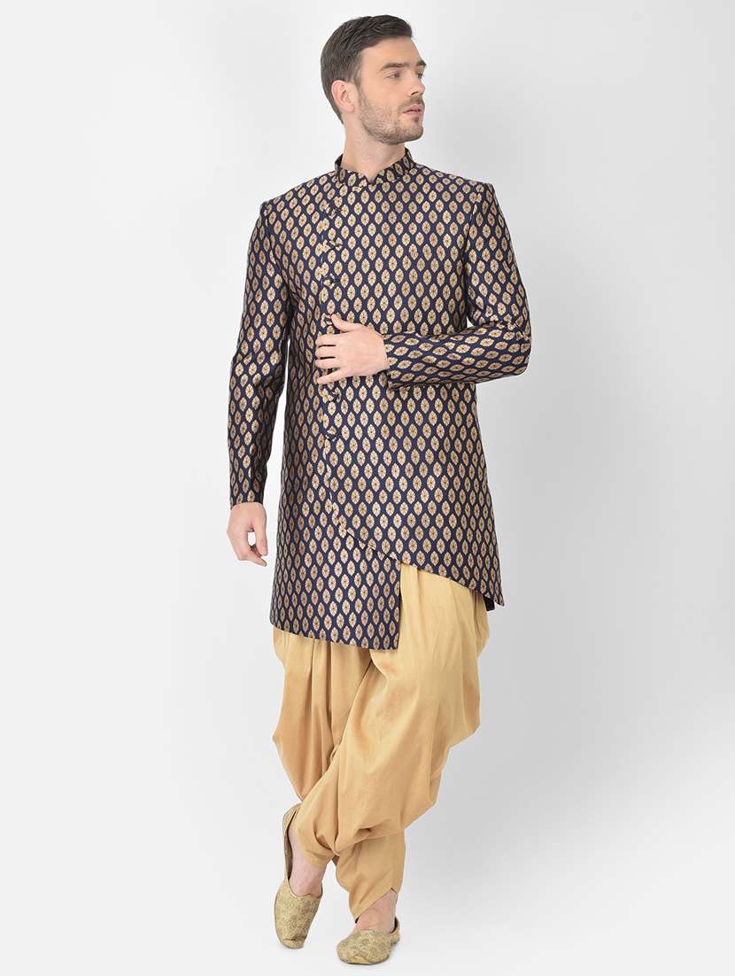 navy-blue self-designed sherwani ethnic wear set