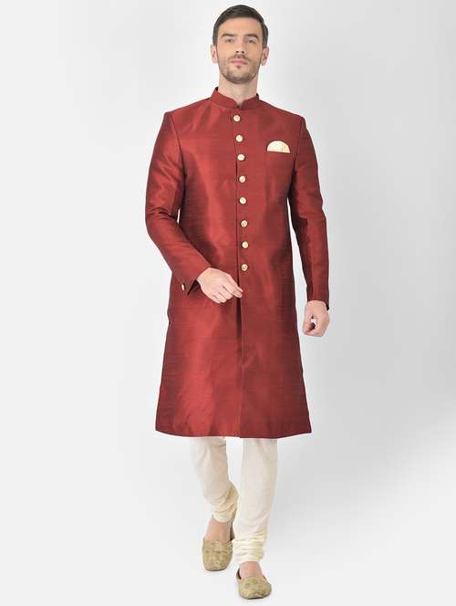 maroon solid sherwani ethnic wear set - 18315513 -  Standard Image - 0