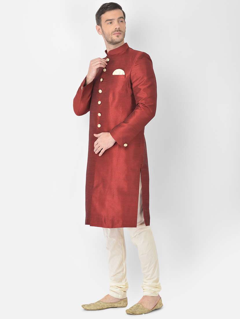 maroon solid sherwani ethnic wear set - 18315513 -  Standard Image - 1