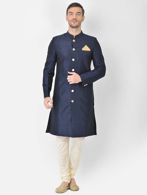 navy-blue solid sherwani ethnic wear set - 18315514 -  Standard Image - 0