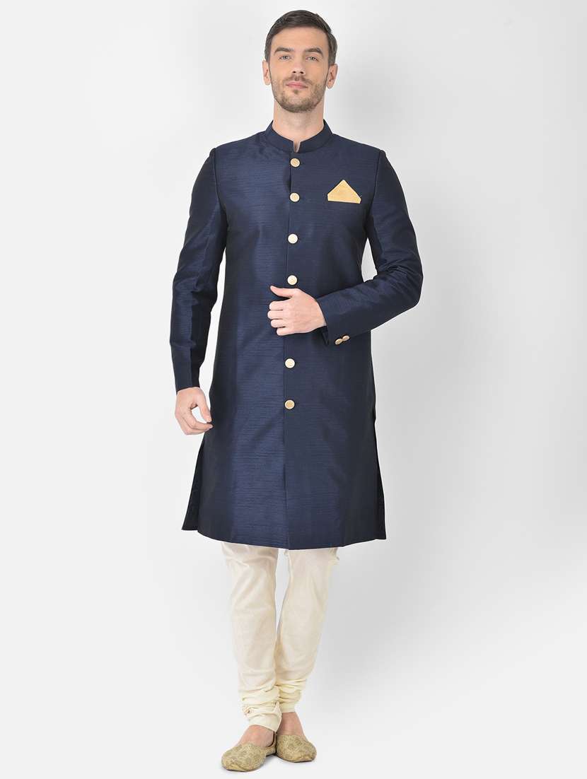 navy-blue solid sherwani ethnic wear set
