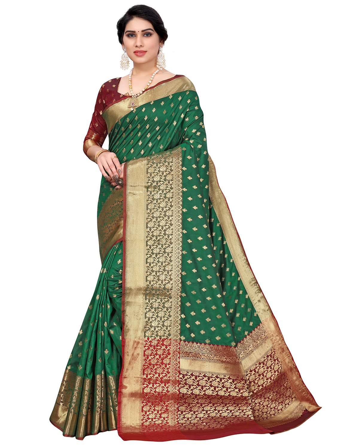 green cotton kanjivaram saree with blouse