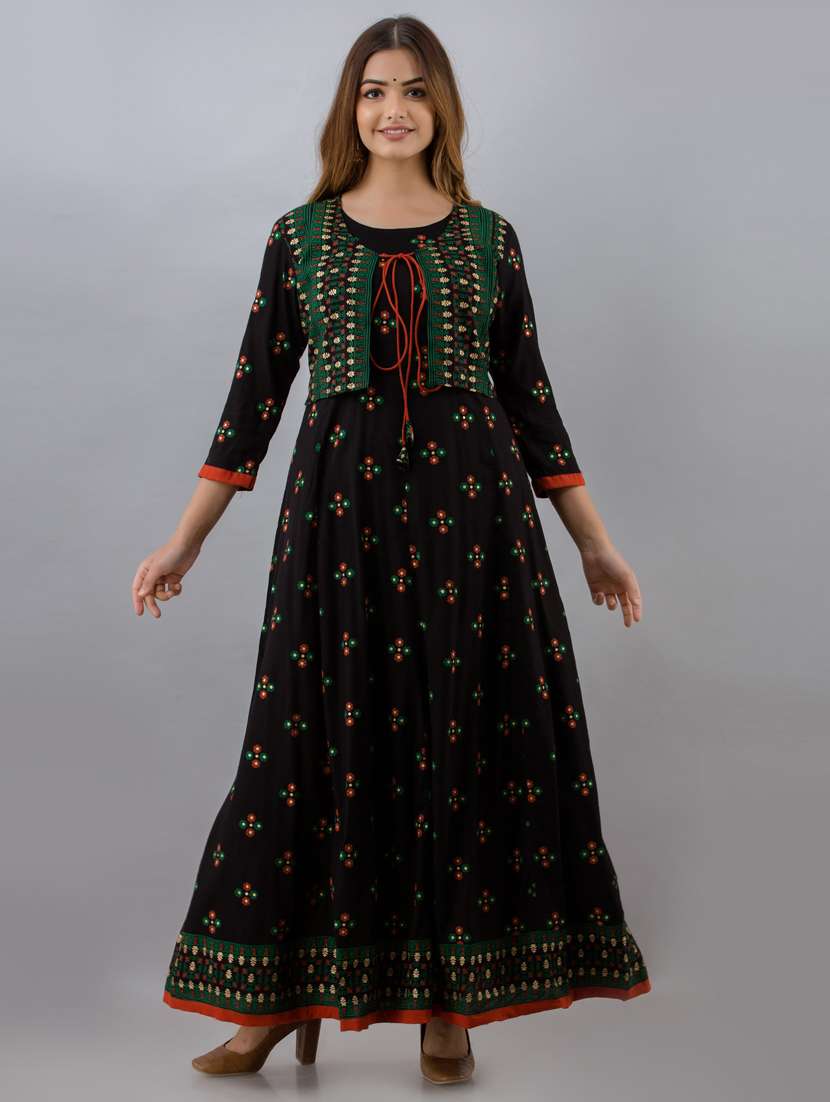black printed flared kurta
