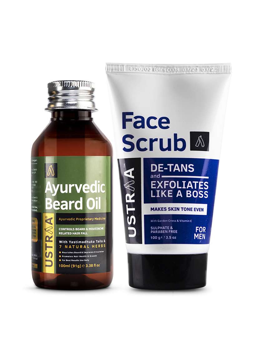 ustraa ayurvedic beard growth oil -100ml & de-tan face scrub - 200ml