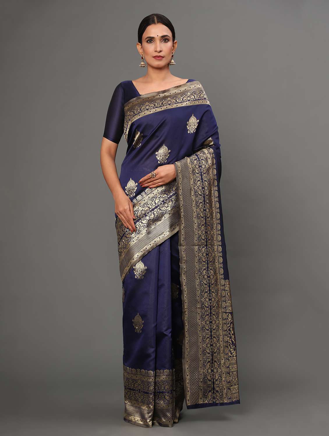 navy art silk banarasi saree with blouse