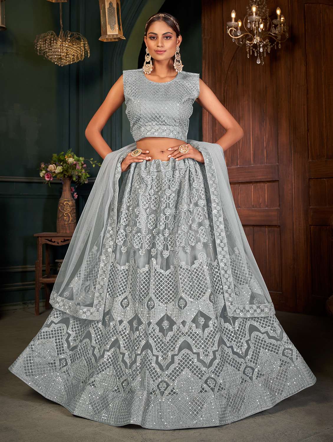 grey net flared lehenga - 18317759 -  Zoom Image - 0