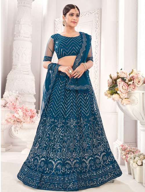 teal net flared lehenga - 18317760 -  Standard Image - 0