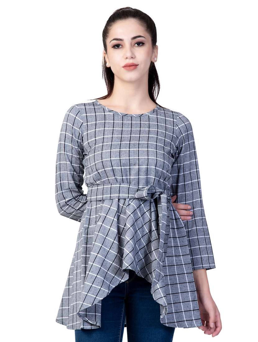 boat neck checked asymmetric top - 18318103 - Zoom Image - 0