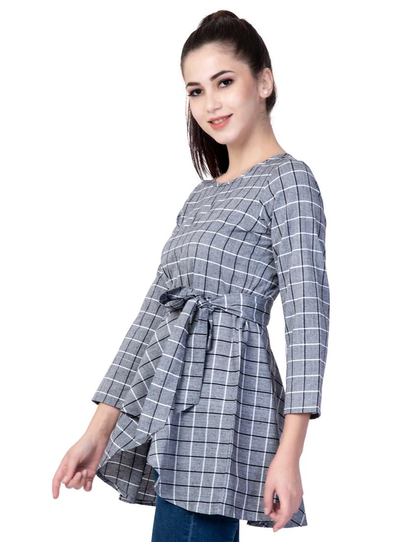 boat neck checked asymmetric top - 18318103 - Standard Image - 1