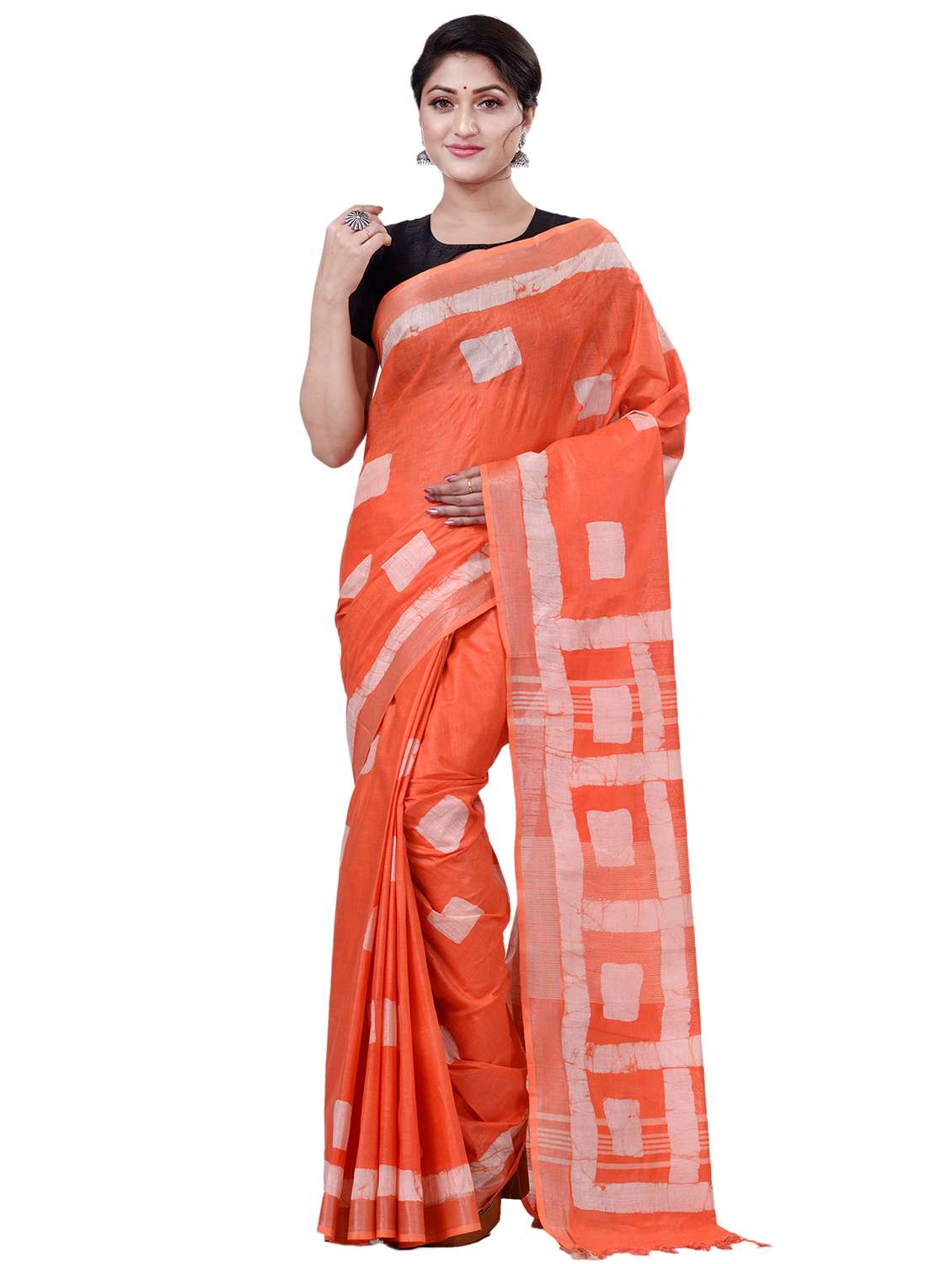 orange linen printed saree with blouse