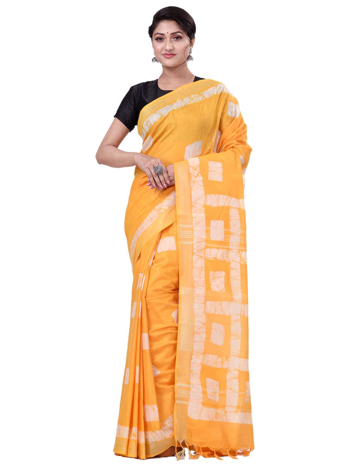 yellow linen printed saree with blouse