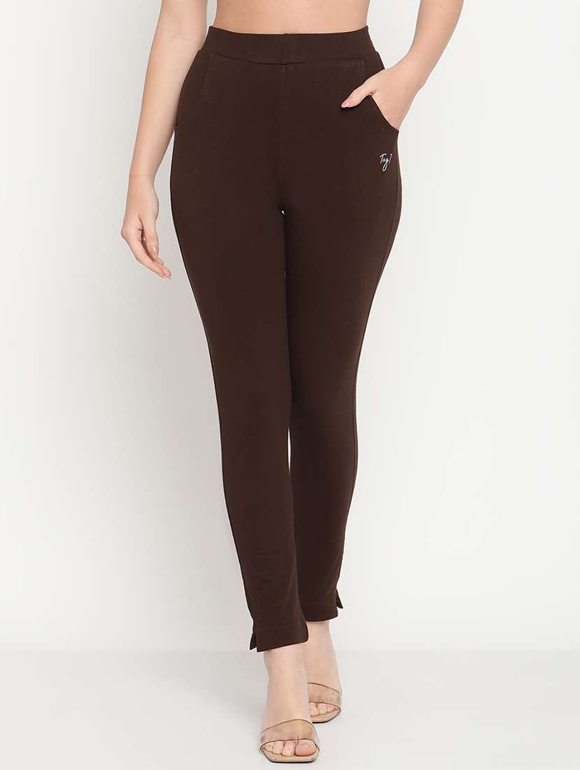 brown solid ankle length legging