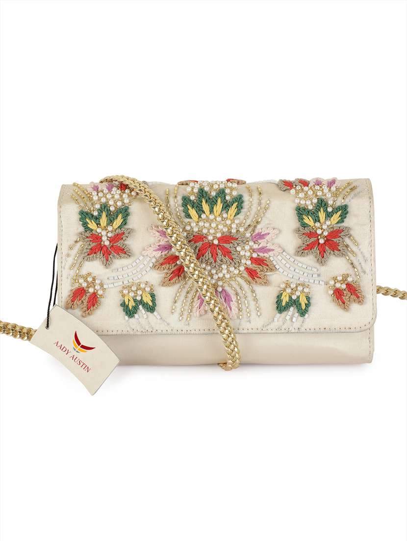 beige embroidered regular clutch