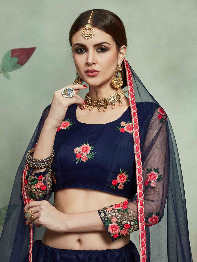 navy blue embroidered flared lehenga - 18319776 -  Standard Image - 1