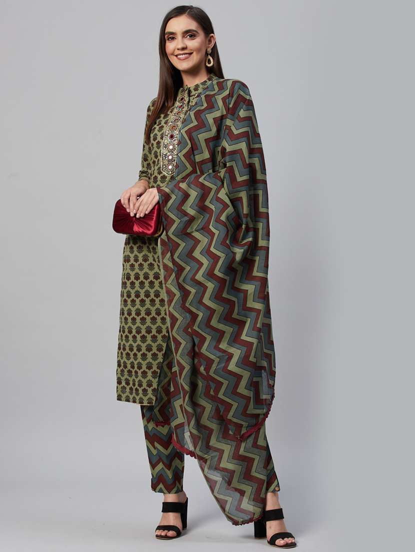 olive cotton blend kurta pant  set