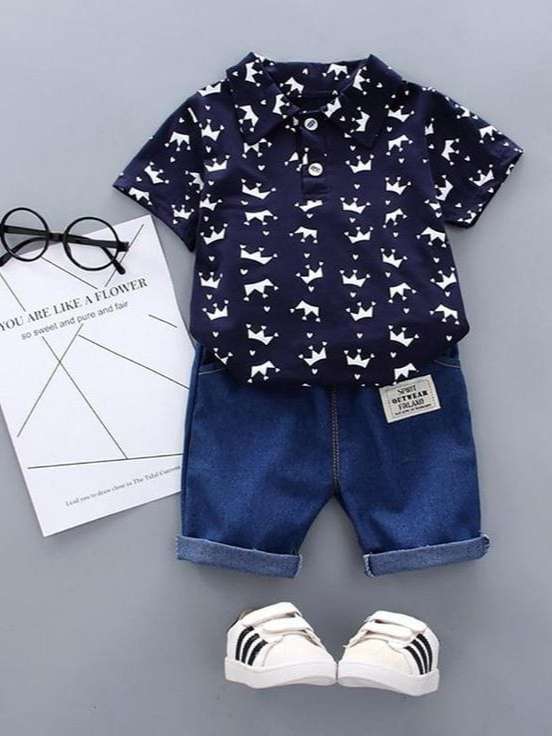 navy blue printed shorts & shirt set  - 18320881 -  Standard Image - 1