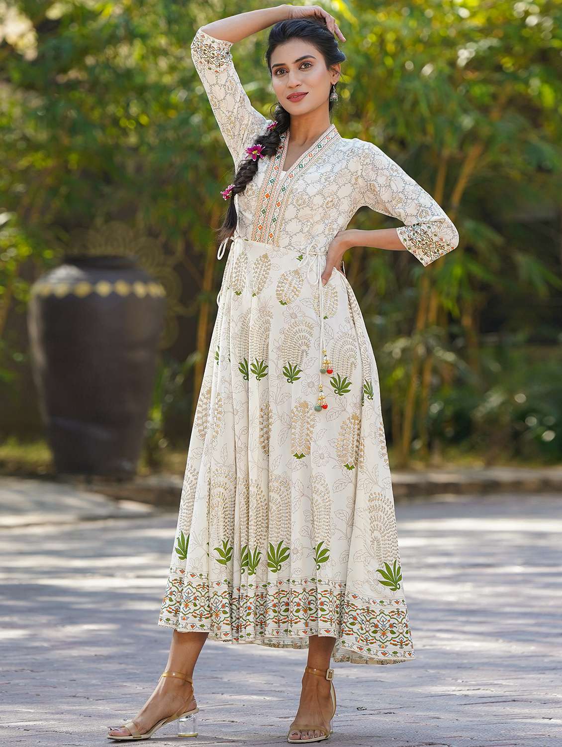 white rayon flared ethnic dress - 18321308 -  Standard Image - 1