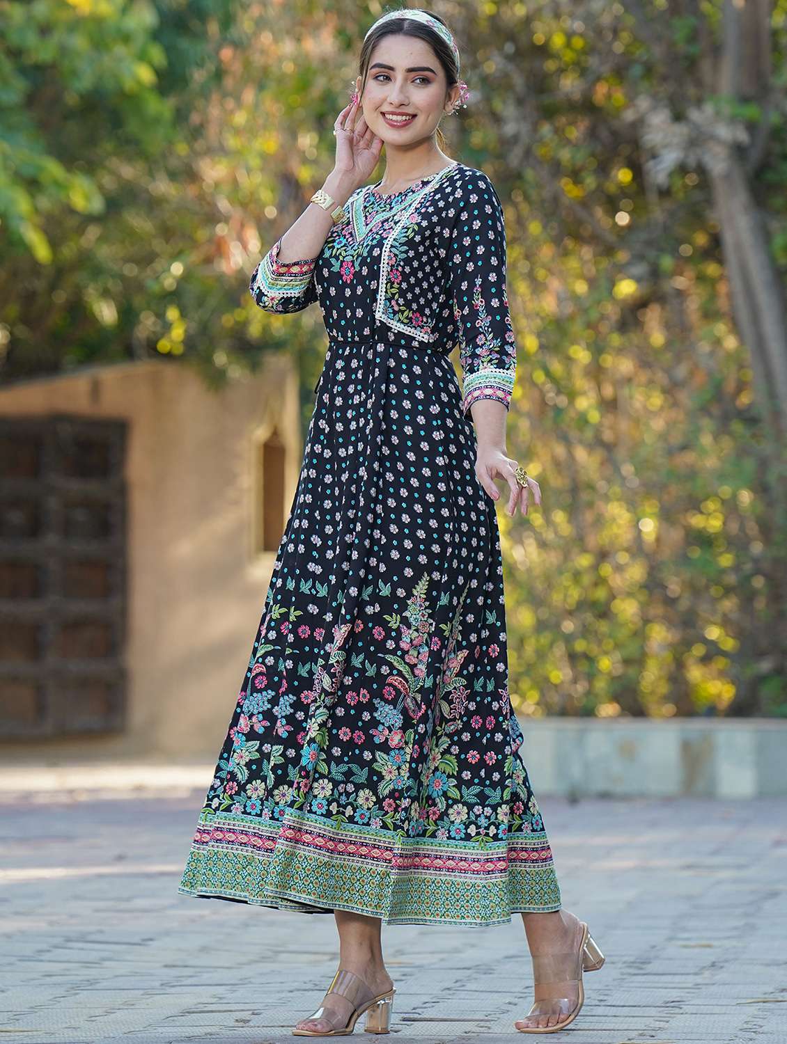 black rayon anarkali ethnic dress - 18321313 -  Standard Image - 1